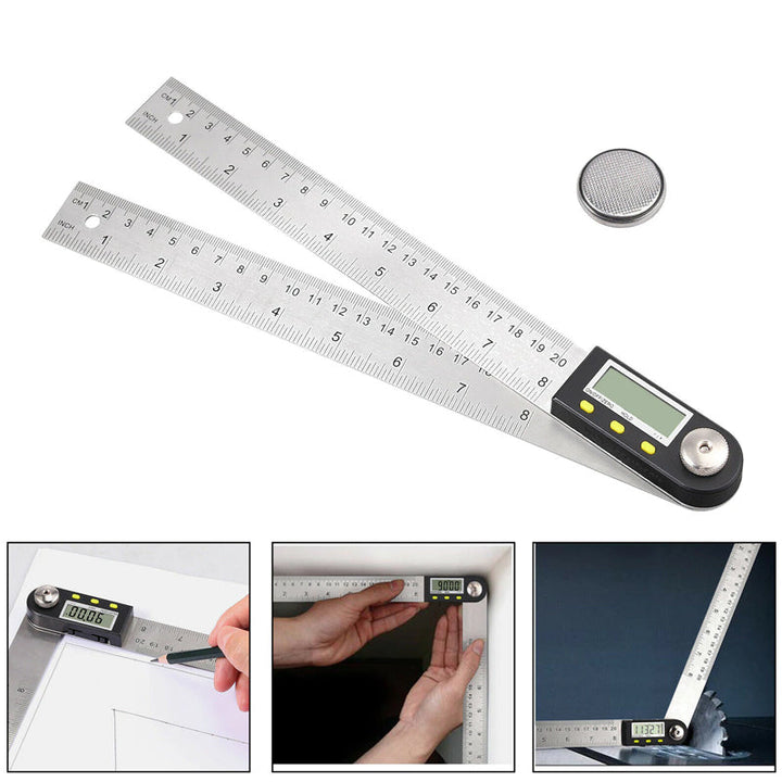 "Elektronisk digital vinkellinjal i rostfritt stål, LCD-display för exakta vinklar i hemmaprojekt och träbearbetning."