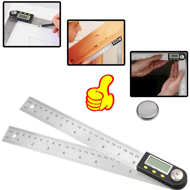 "Elektronisk digital vinkellinjal i rostfritt stål, LCD-display för exakta vinklar i hemmaprojekt och träbearbetning."