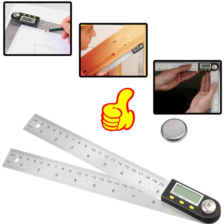 "Elektronisk digital vinkellinjal i rostfritt stål, LCD-display för exakta vinklar i hemmaprojekt och träbearbetning."