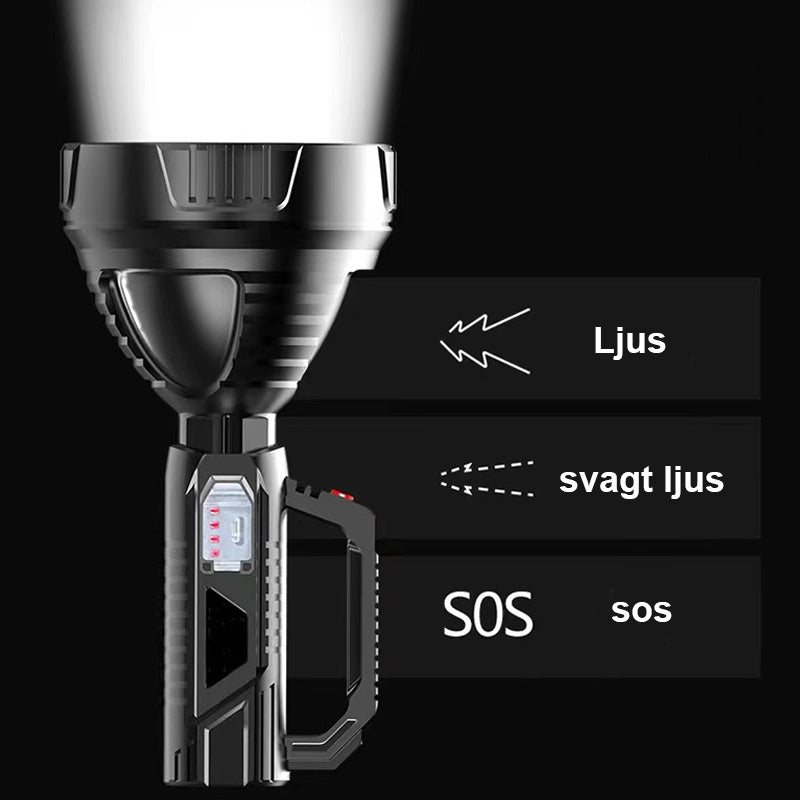 "Elektronisk superljus LED-ficklampa med vattentät design och tre ljuslägen, perfekt för nödsituationer och äventyr."