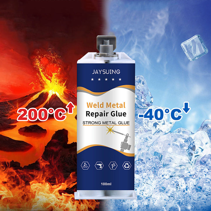 "Epoxilim metall hög hållfasthet, vattentät, temperaturbeständig upp till 200°C, perfekt för sprickor och ojämnheter."
