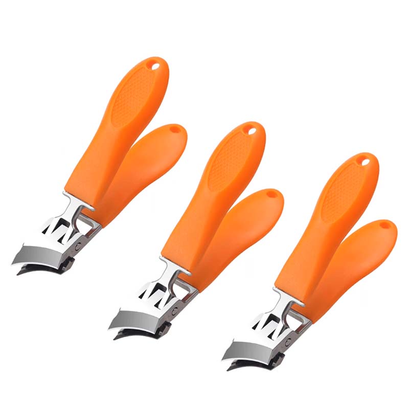 Ergonomisk antistänk nagelklippare i rostfritt stål med bred käköppning och snedställd skäregg, bekvämt handtag.