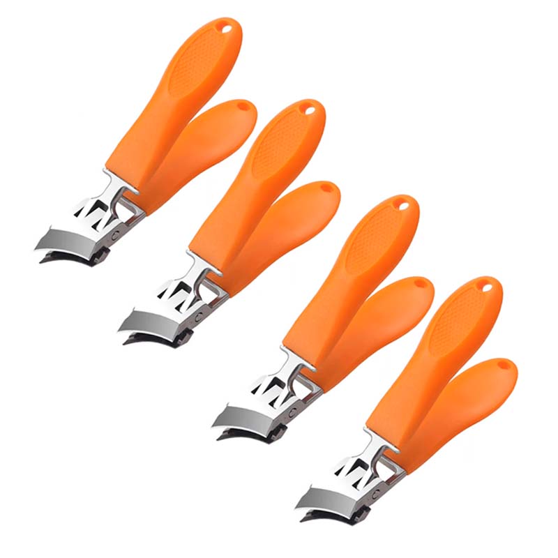 Ergonomisk antistänk nagelklippare i rostfritt stål med bred käköppning och snedställd skäregg, bekvämt handtag.