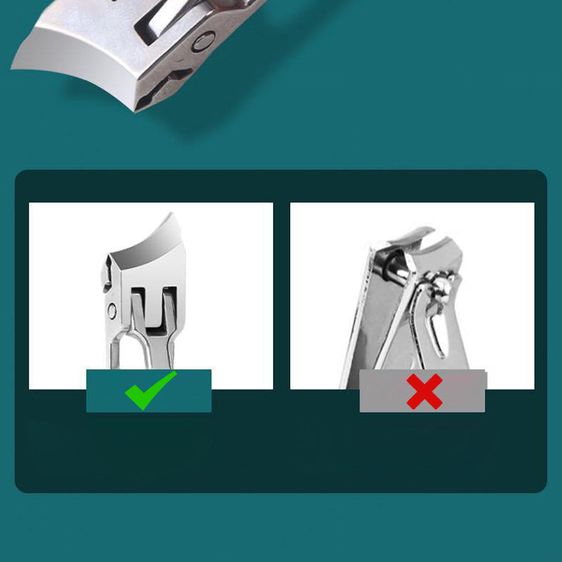 Ergonomisk antistänk nagelklippare i rostfritt stål med bred käköppning och snedställd skäregg, bekvämt handtag.