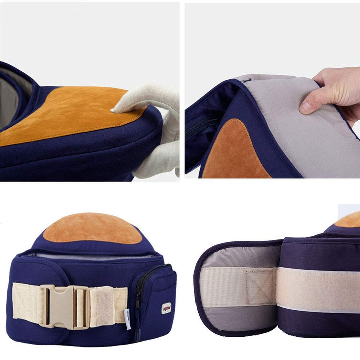 Ergonomisk babyhöftbärare i grått tyg, justerbart bälte, minskar ryggbelastning, flervändbara bärpositioner.