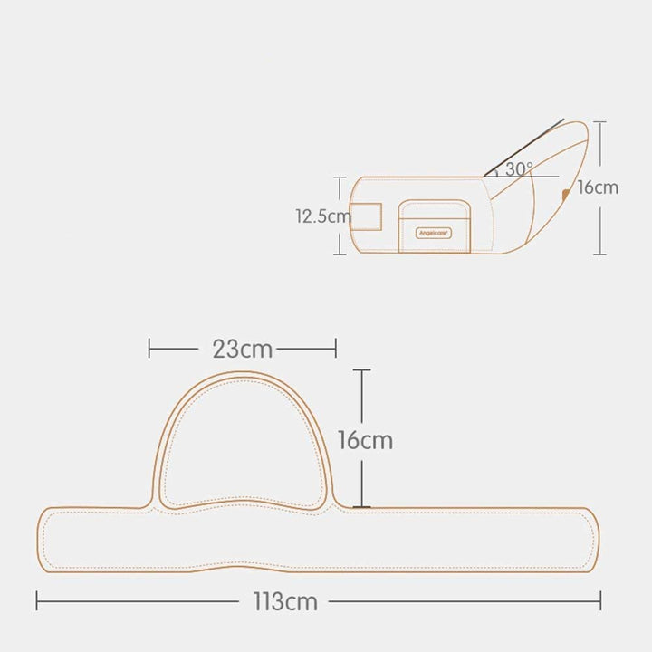 Ergonomisk babyhöftbärare i grått tyg, justerbart bälte, minskar ryggbelastning, flervändbara bärpositioner.