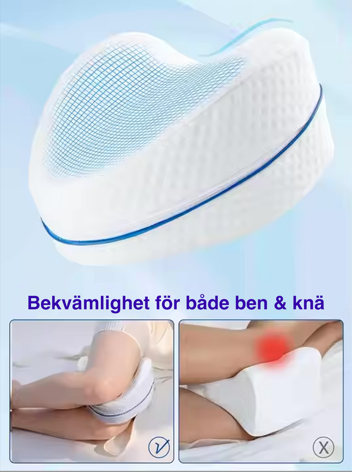 "Ergonomisk benstödkudde av minnesskum för sidoliggare, förbättrar hållning och avlastar höfter och rygg."