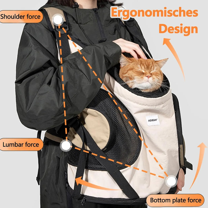 "Ergonomisk frontväska för husdjur, justerbar och ventilerande, med hund, bekväm och stilren för dagliga äventyr."