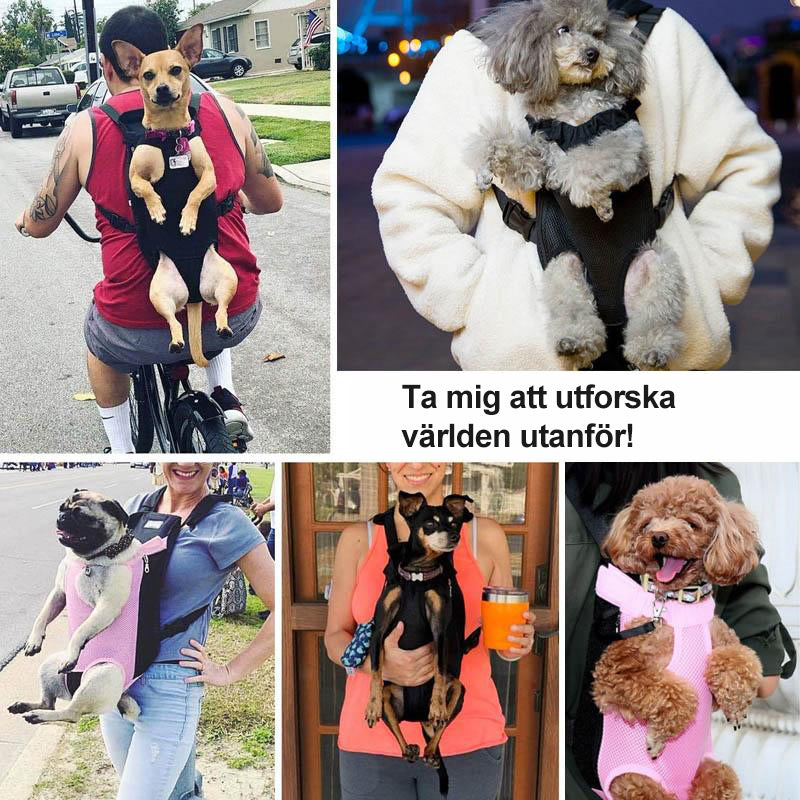 "Ergonomisk husdjursryggsäck med justerbara vadderade remmar, svart nylon och meshventilation för bekväm transport."