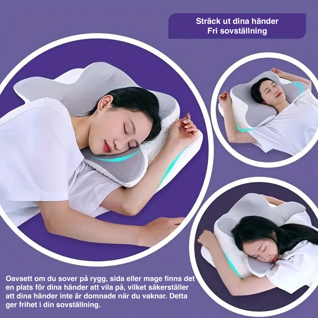 Ergonomisk kudde med handutrymmen för bättre sömn och kroppsstöd, vit med mjukt material och unik design.