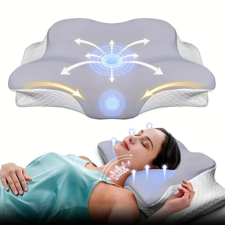 Ergonomisk kudde med handutrymmen för bättre sömn och kroppsstöd, vit med mjukt material och unik design.