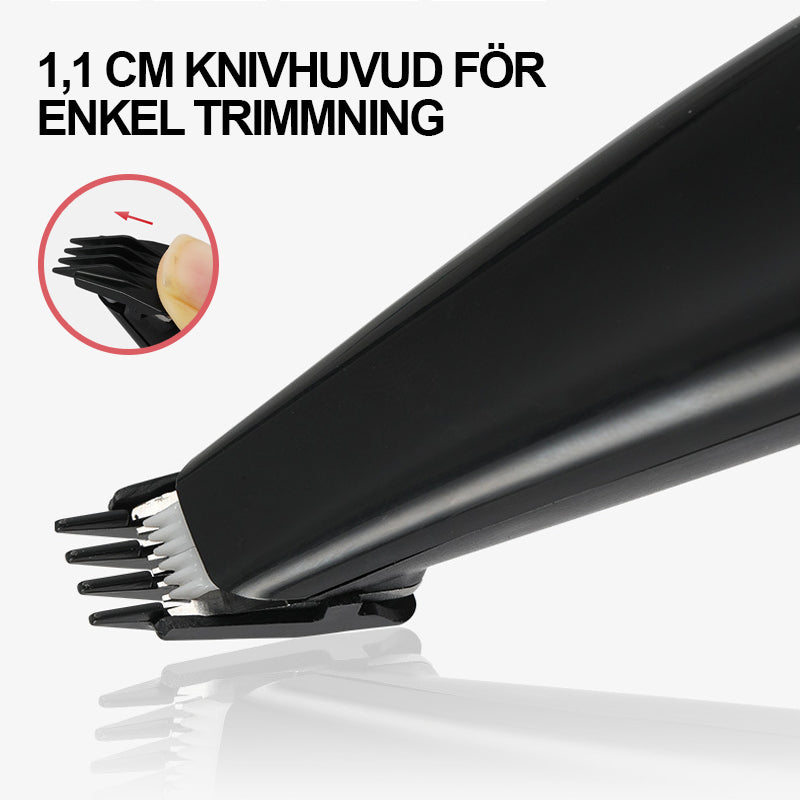"Ergonomisk mini trimmer för husdjur, kompakt design i svart med säkerhetsblad, perfekt för svåråtkomliga områden."