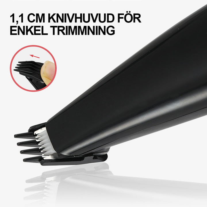 "Ergonomisk mini trimmer för husdjur, kompakt design i svart med säkerhetsblad, perfekt för svåråtkomliga områden."