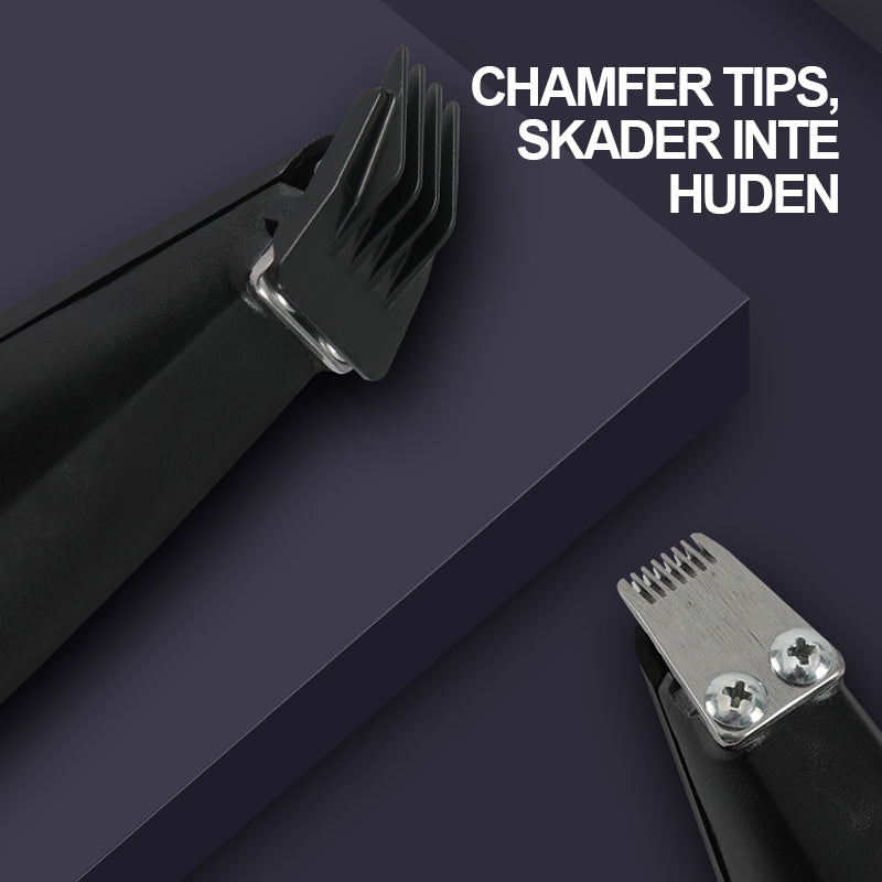 "Ergonomisk mini trimmer för husdjur, kompakt design i svart med säkerhetsblad, perfekt för svåråtkomliga områden."