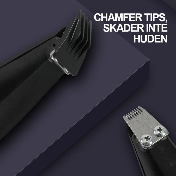 "Ergonomisk mini trimmer för husdjur, kompakt design i svart med säkerhetsblad, perfekt för svåråtkomliga områden."