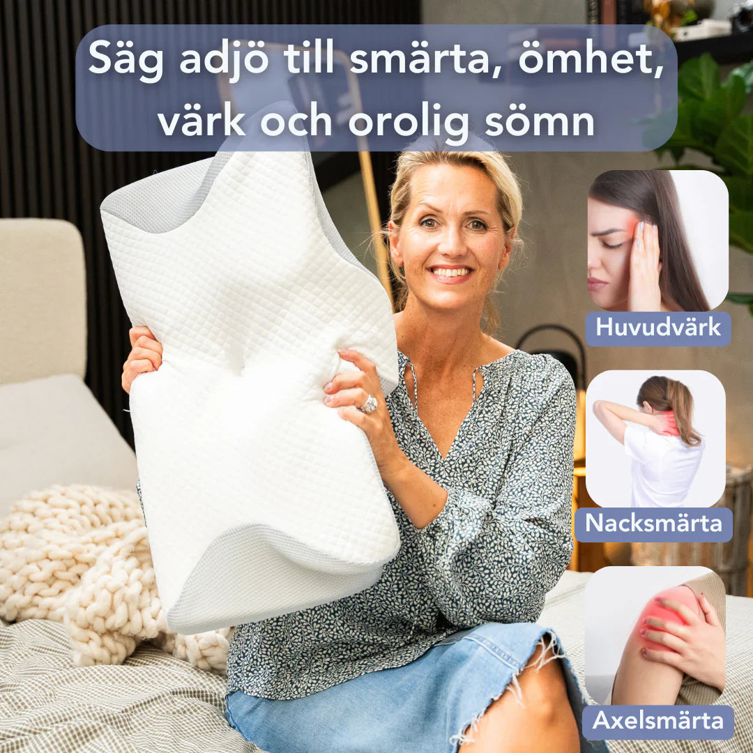 "Ergonomisk nackkudde i minnesskum, vit, med konturer för djupt stöd och komfort, idealisk för alla sovpositioner."