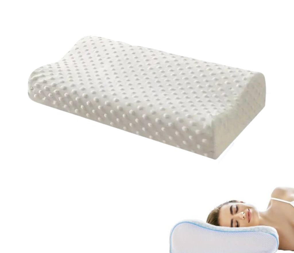 "Ergonomisk nackstödskudde i anpassad minnesbomull, designad för optimalt huvud- och nackstöd vid sovställning."