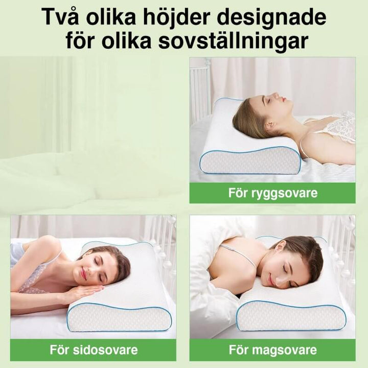 "Ergonomisk nackstödskudde i anpassad minnesbomull, designad för optimalt huvud- och nackstöd vid sovställning."