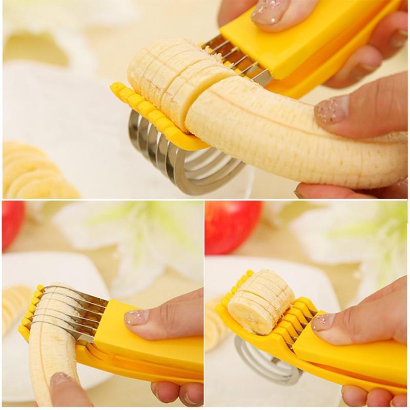 "Ergonomisk rostfri bananskivare, gul, perfekt för kök. Skär bananer enkelt med högkvalitativ design för perfekt skivning."