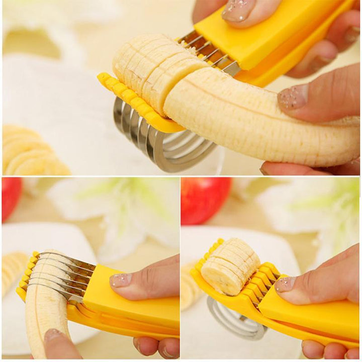 "Ergonomisk rostfri bananskivare, gul, perfekt för kök. Skär bananer enkelt med högkvalitativ design för perfekt skivning."
