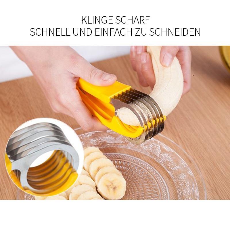 "Ergonomisk rostfri bananskivare, gul, perfekt för kök. Skär bananer enkelt med högkvalitativ design för perfekt skivning."