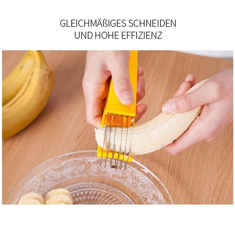 "Ergonomisk rostfri bananskivare, gul, perfekt för kök. Skär bananer enkelt med högkvalitativ design för perfekt skivning."