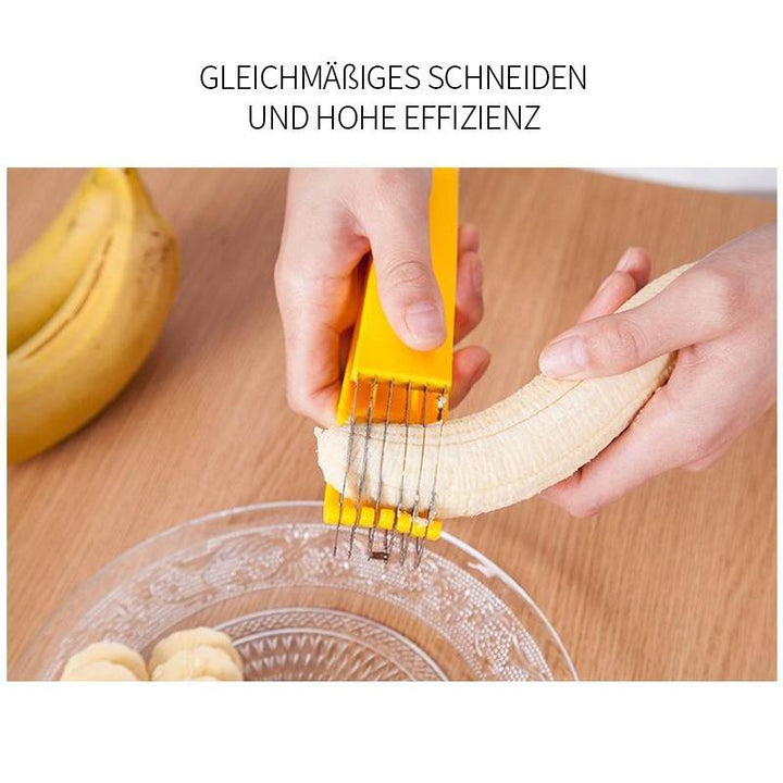 "Ergonomisk rostfri bananskivare, gul, perfekt för kök. Skär bananer enkelt med högkvalitativ design för perfekt skivning."
