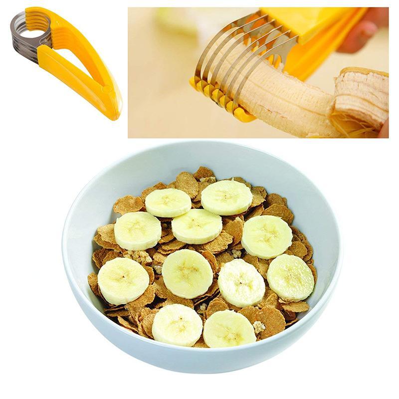 "Ergonomisk rostfri bananskivare, gul, perfekt för kök. Skär bananer enkelt med högkvalitativ design för perfekt skivning."
