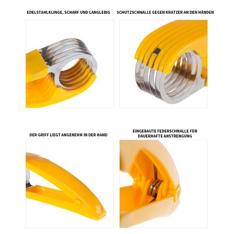 "Ergonomisk rostfri bananskivare, gul, perfekt för kök. Skär bananer enkelt med högkvalitativ design för perfekt skivning."