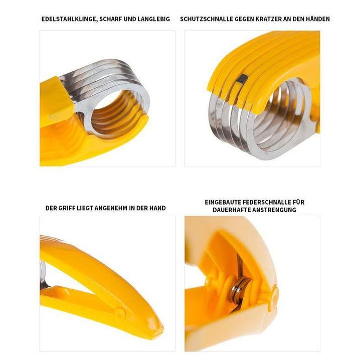 "Ergonomisk rostfri bananskivare, gul, perfekt för kök. Skär bananer enkelt med högkvalitativ design för perfekt skivning."