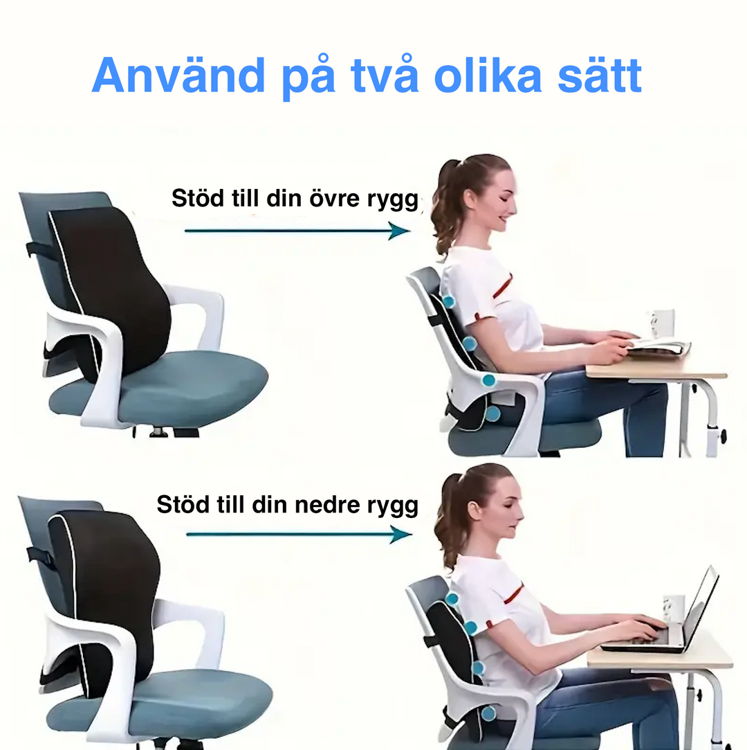 "Ergonomisk ryggstödskudde av minnesskum, passar kontorsstol och bilsäte, grå med dubbelremmar för fastsättning."