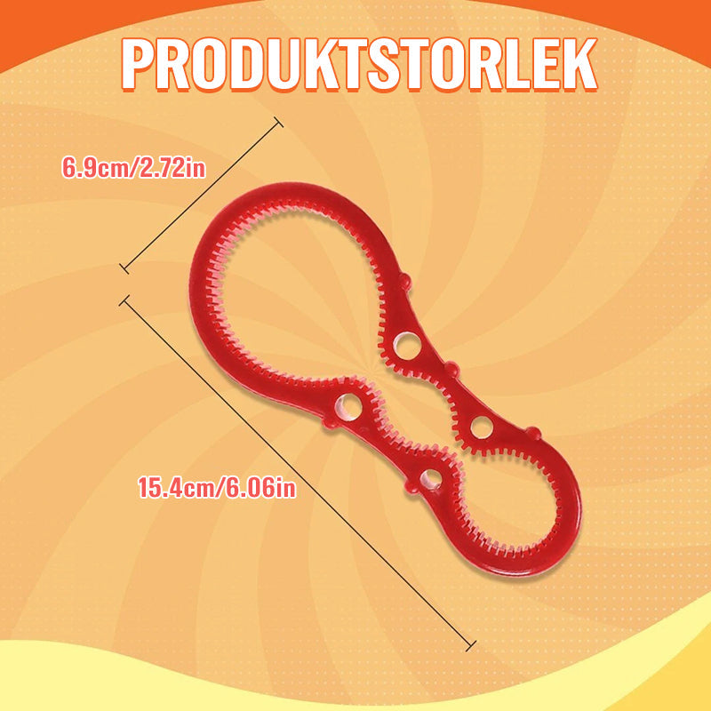 "Ergonomisk Twist Burköppnare i hållbar PVC med justerbart grepp, visar burköppnare i blå, grön och röd."