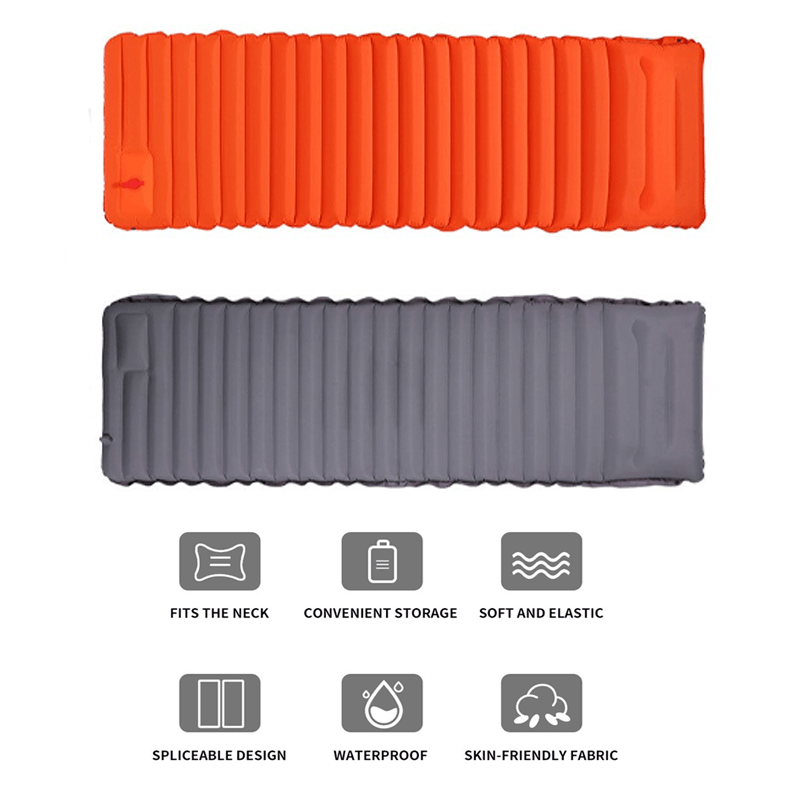 "Ergonomisk uppblåsbar luftmadrass med inbyggd fotpump, bekväm design för camping och gästbruk, grön färg."