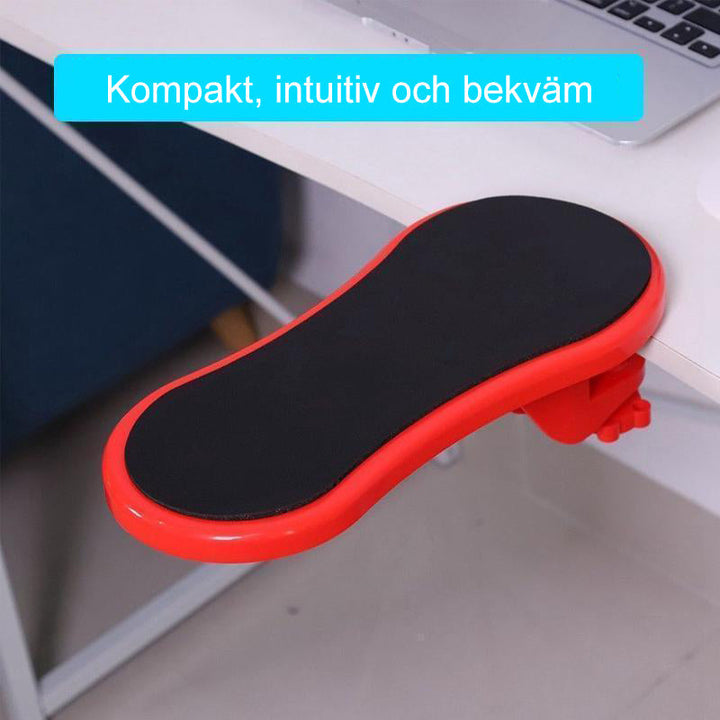 "Ergonomiskt armstöd för skrivbord, svart, gul och röd, minskar belastning, förbättrar hållning vid datorarbete."