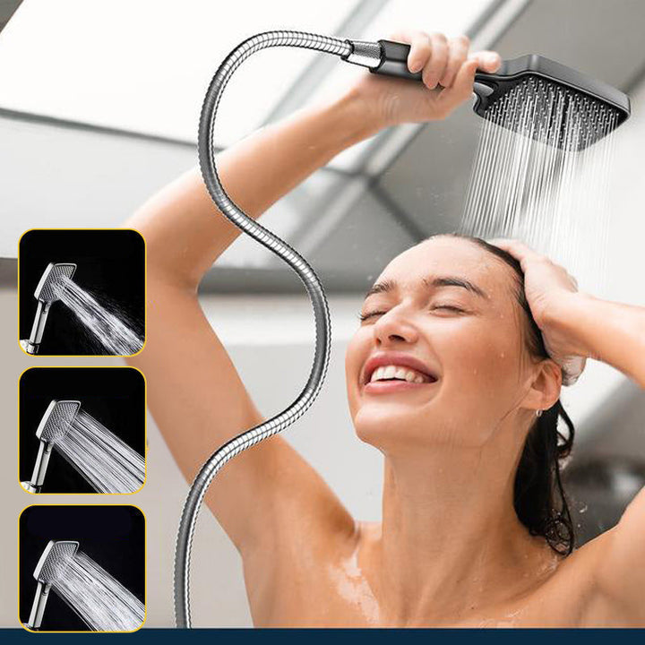 Ergonomiskt duschhuvud med flera spraylägen och bekvämt grepp, i grå-silver-svart färg, för en lyxig duschupplevelse.
