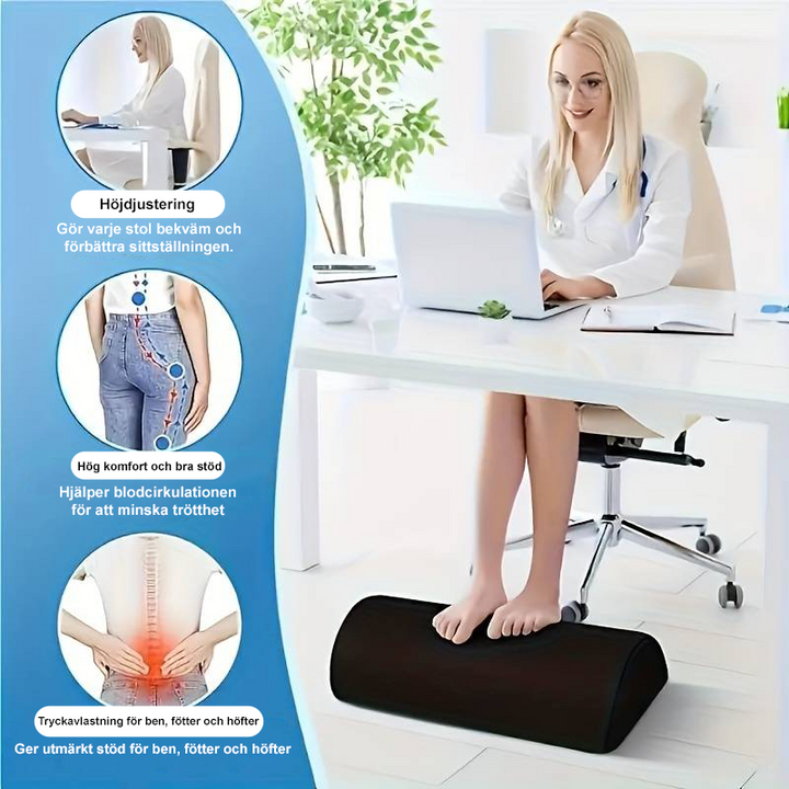"Ergonomiskt fotstöd med antislip och tvättbart överdrag, svart, för ökad sittkomfort och minskad trötthet under arbete."
