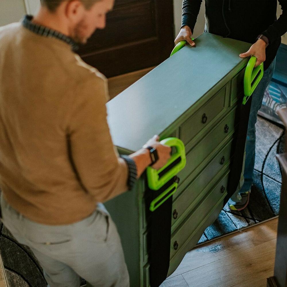 "Ergonomiskt, justerbart lyftbälte för tunga möbler, i slitstark nylon, svart färg, med breda remmar för bekvämt grepp."