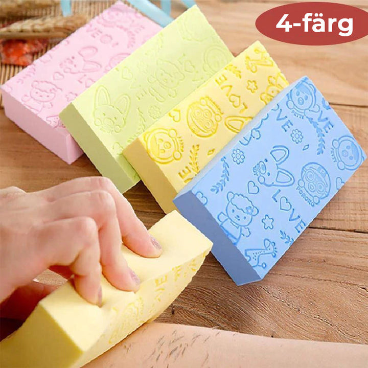 "Exfolierande unisex badsvamp för mjukare hud, i livfulla färger som blå och rosa, mot döda hudceller, maximerar mjukhet."