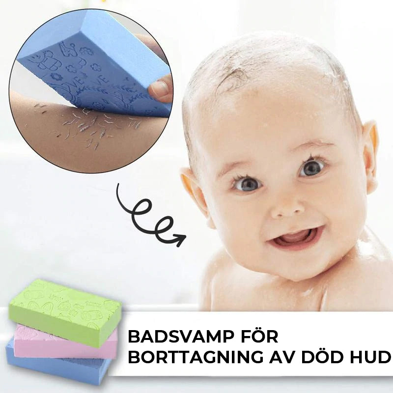 "Exfolierande unisex badsvamp för mjukare hud, i livfulla färger som blå och rosa, mot döda hudceller, maximerar mjukhet."