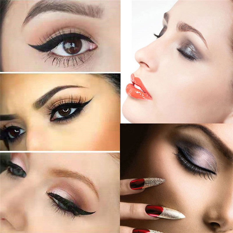 "Eyeliner och ögonskuggstenciler, fyra mallar på vit bakgrund för sminkstilar. Passar alla ögonformer."