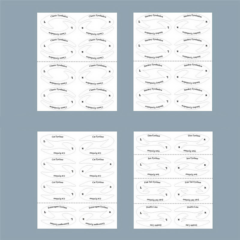"Eyeliner och ögonskuggstenciler, fyra mallar på vit bakgrund för sminkstilar. Passar alla ögonformer."