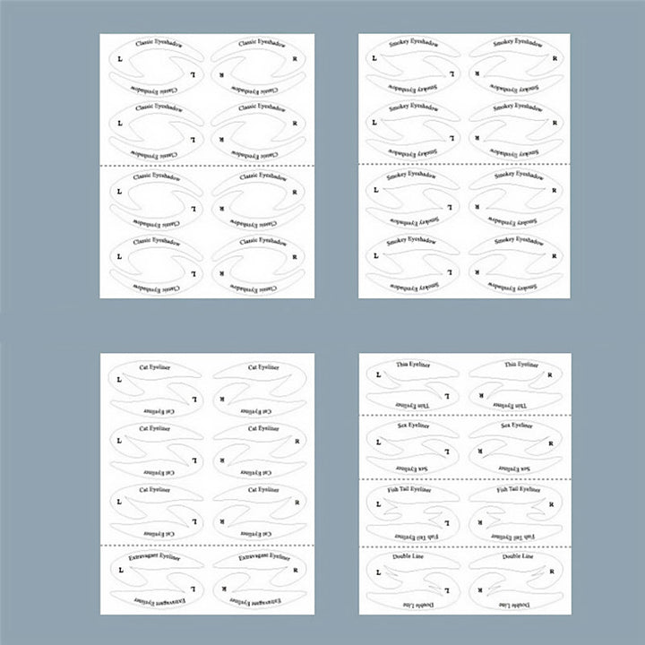 "Eyeliner och ögonskuggstenciler, fyra mallar på vit bakgrund för sminkstilar. Passar alla ögonformer."