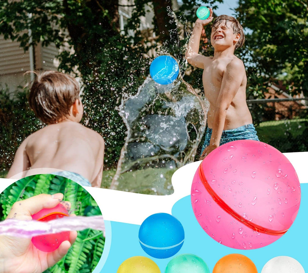 Återanvändbara vattenballonger flyter i en pool, redo för rolig strandlek och utomhusaktivitet.