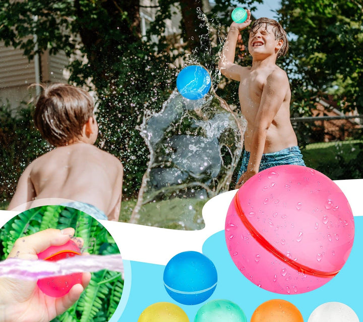 Återanvändbara vattenballonger flyter i en pool, redo för rolig strandlek och utomhusaktivitet.