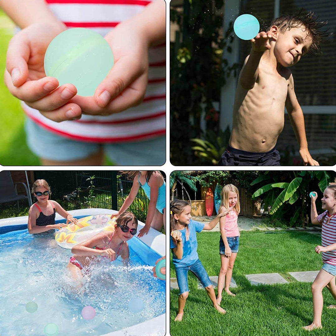 Glada barn kastar återanvändbara vattenballonger under en solig sommardag.