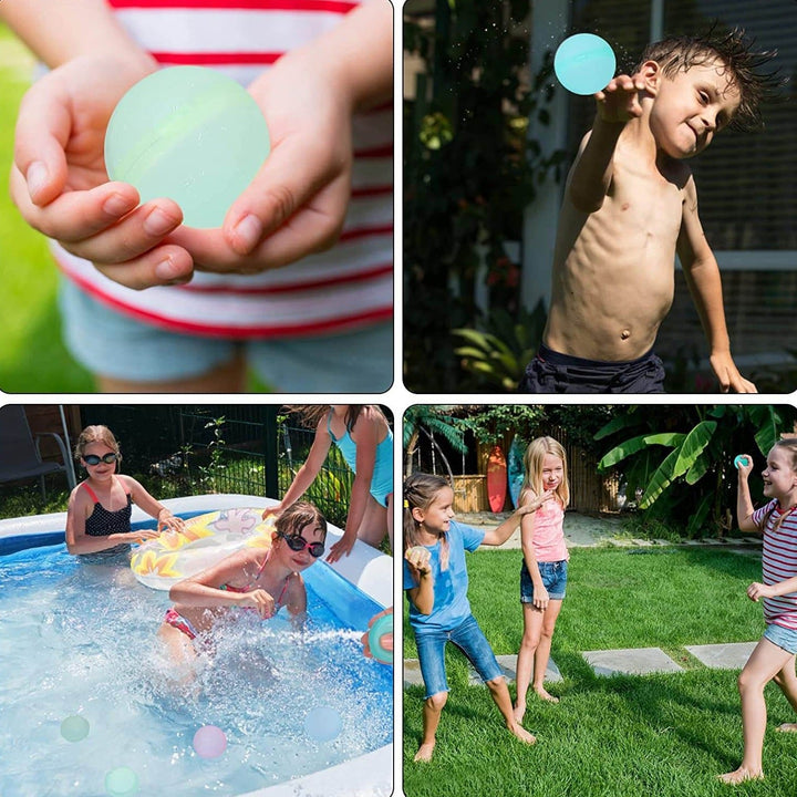 Glada barn kastar återanvändbara vattenballonger under en solig sommardag.
