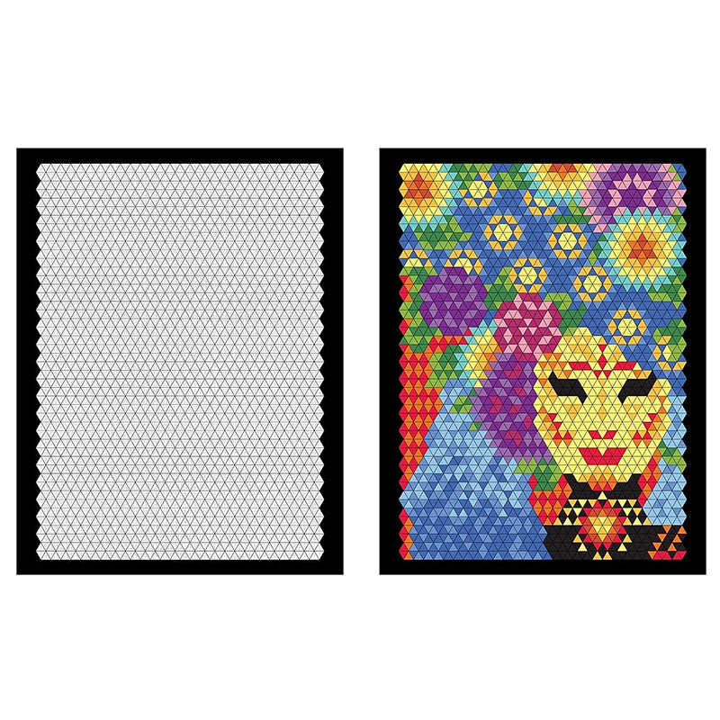 "Färg Quest Aktivitetsbok med akvarellpennor, färgglada mönster med geometriska former på svart bakgrund, kreativ upplevelse.