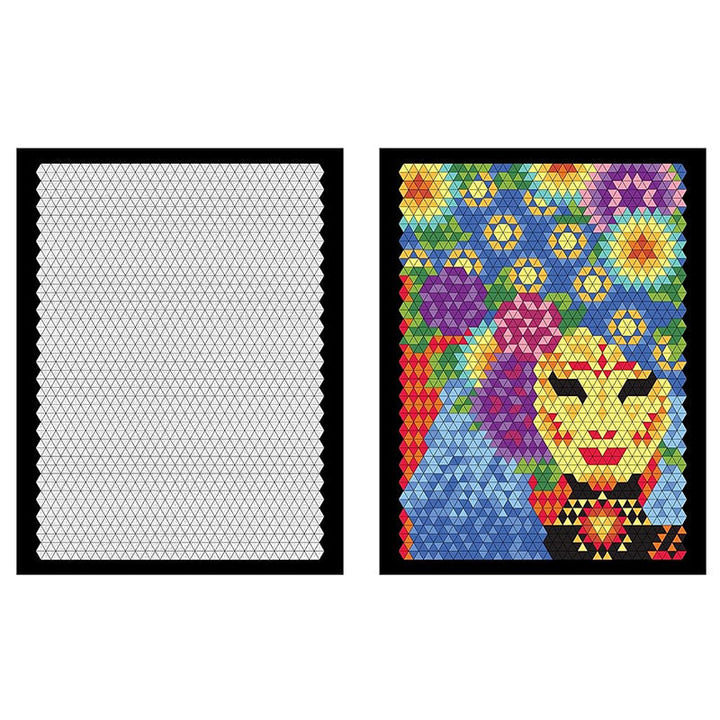 "Färg Quest Aktivitetsbok med akvarellpennor, färgglada mönster med geometriska former på svart bakgrund, kreativ upplevelse.