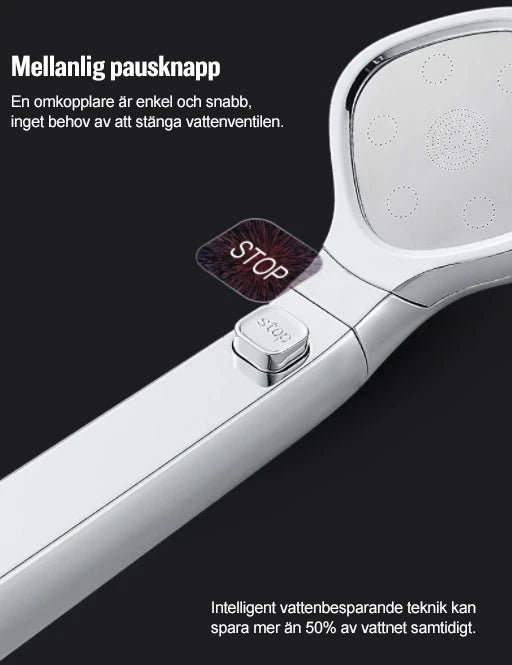 "Färgfullt högtrycks duschmunstycke med justerbart vattentryck och sex moderna färgval för stilren duschupplevelse."