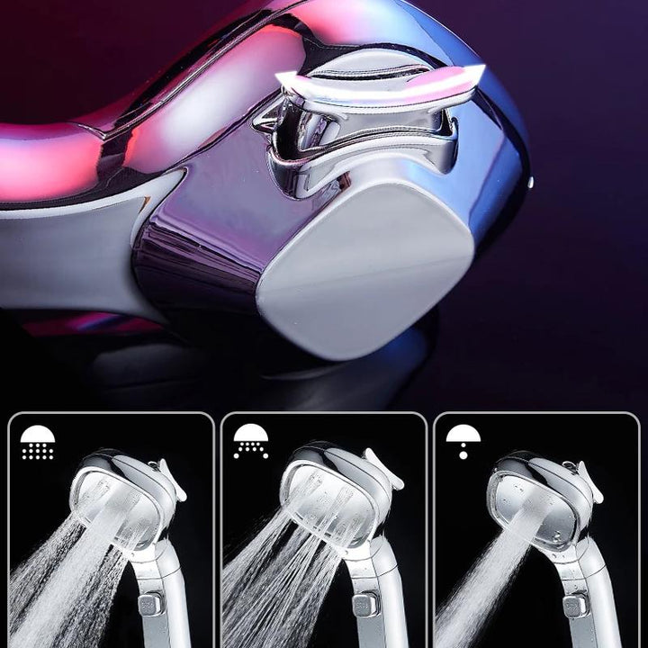 "Färgfullt högtrycks duschmunstycke med justerbart vattentryck och sex moderna färgval för stilren duschupplevelse."